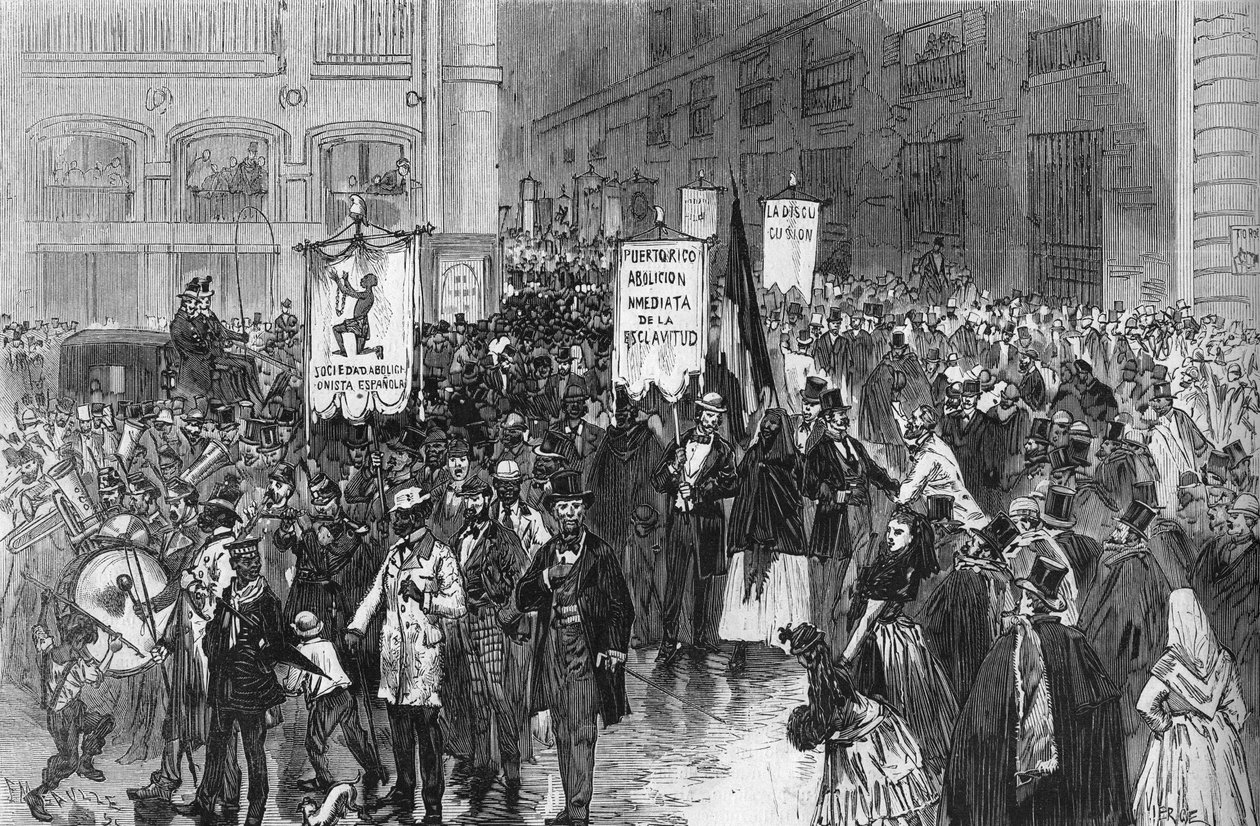Demonstration i Madrid 1873 för avskaffandet av slaveriet i de spanska kolonierna. av French School