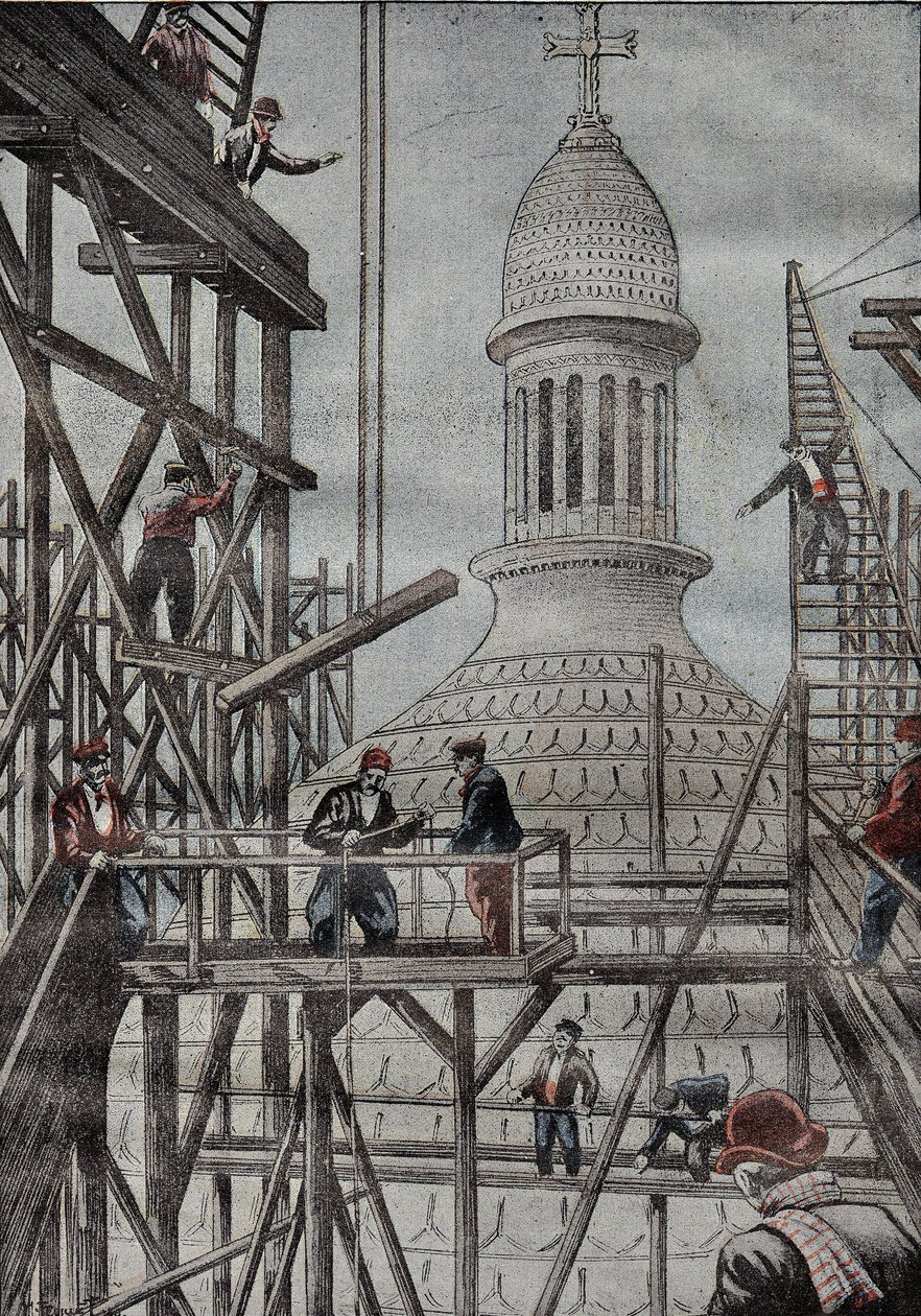 Demonstration av byggnadsställningar som avslöjar slutet på byggandet av kupolen i basilikan i Montmartre. Gravyr i "" Le Pelerin"" 1899-12-17. av French School