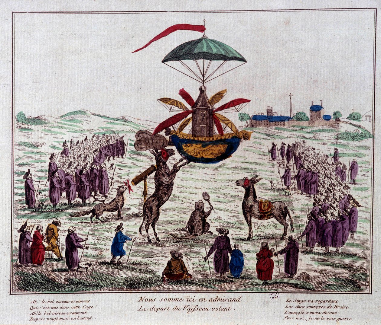 Avresa från det flygande satirskeppet på flygmaskinen föreställt av Jean-Pierre Blanchard (1753-1809): åsnor, apor och blinda tittar på den märkliga maskinen utrustad med sex vingar och ett roder. Gravyr från slutet av 1700-talet. Paris, Musée Carn av French School