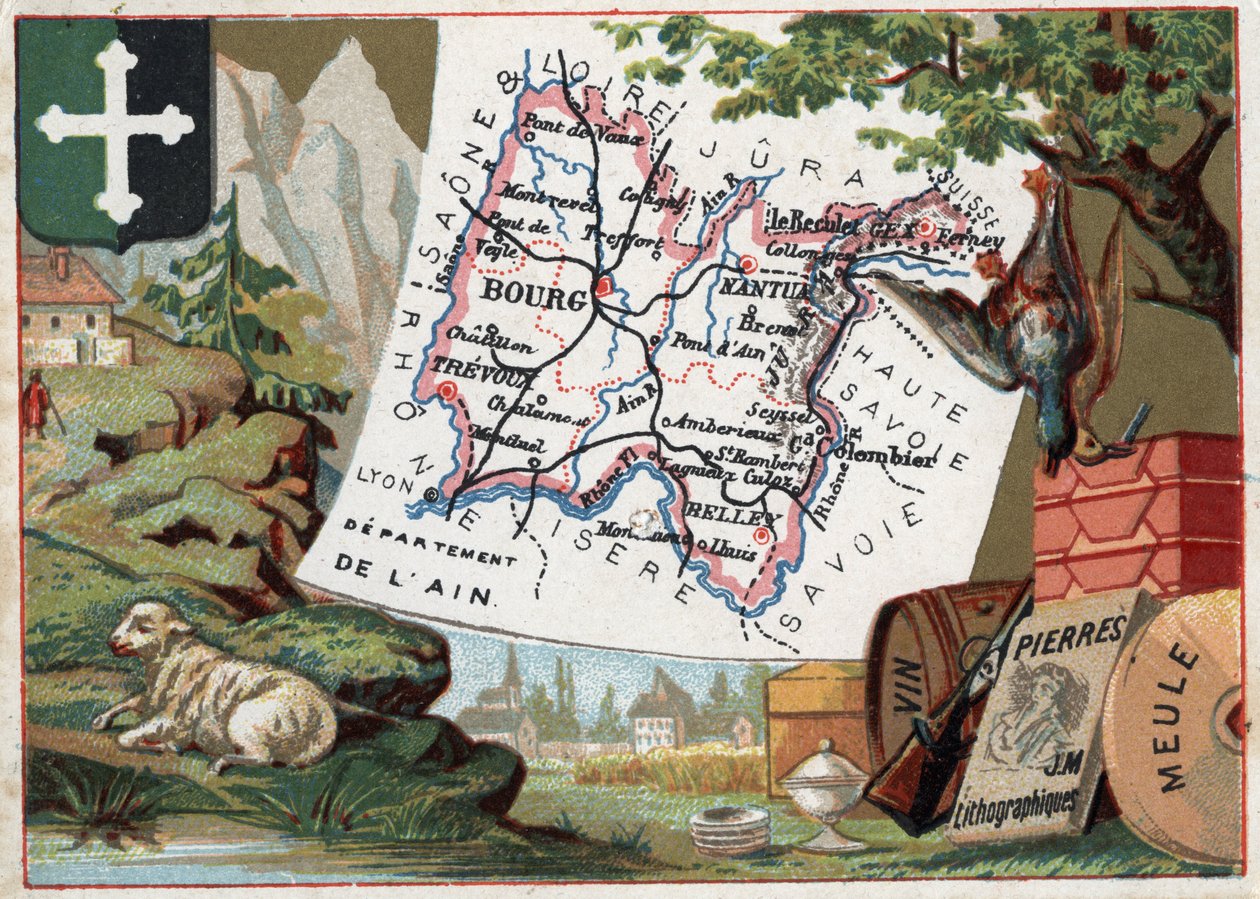 Department of Ain (01), Rhone-Alpes (Rhone Alpes), Frankrike. Lokal specialitet: avel, jakt, vin, slipskiva och litografi. Serie om de franska departementen. Kromolitografi (Chromo) "" den geografiska tråden"", ca 1920. Privat samling. av French School