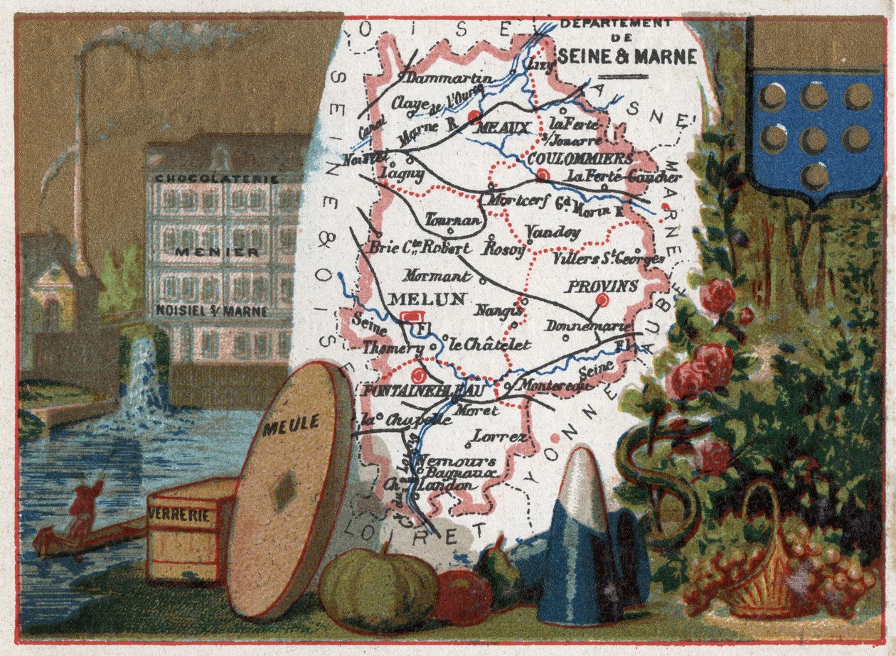Departementet Seine och Marne (Seine-Et-Marne, 77), Ile de France (Ile-De-France), Frankrike. Lokal specialitet: chokladfabriken Menier chocolaterie i Noisiel sur Marne (Noisiel-sur-Marne), glasvaror, kvarnsten. Serie om de franska departementen. Chromolit av French School