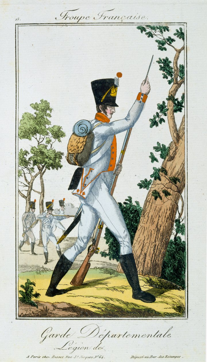 Avdelningsvakt, från Troupes Francaises, pub. i Basset, Paris, ca 1790 av French School