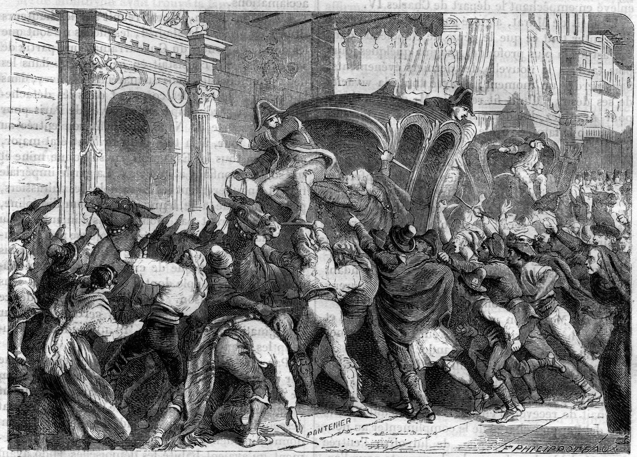 Kung Ferdinand VII:s avgång till Bayonne 1808 (Abdikationer av Bayonne) - Avresa för intervjun med Bayonne (1808) - Folket i Vittoria i Spanien vill förhindra Ferdinand VII:s avgång till Bayonne - i "" Imperiets historia efter h av French School