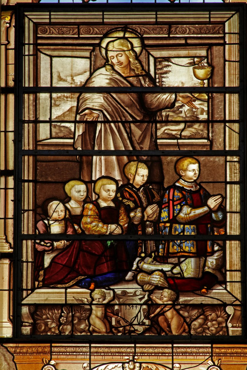 Föreställande St John och fem av sönerna till Anne de Montmorency av French School