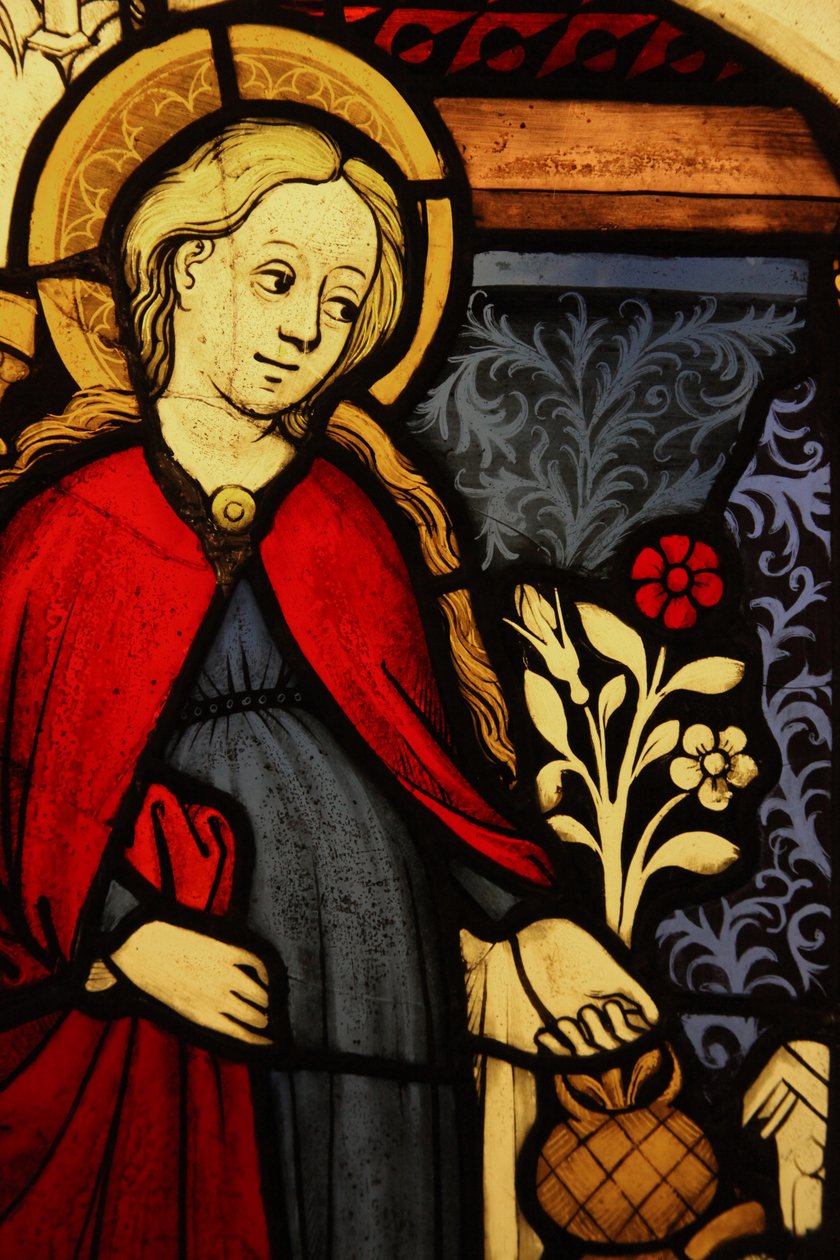 Visar en detalj av Jungfru Maria vid bebådelsen, ursprungligen från övre Rhen (målat glas) av French School