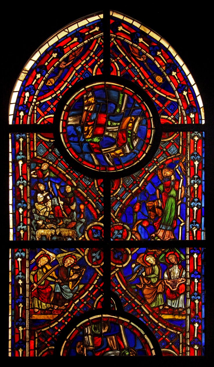 Föreställande en del av ett fönster från kyrkan i Varennes-Jarcy (ursprungligen från Abbey de Gercy?); scener inkluderar bebådelsen till herdarna, synagogan och musikeränglar (målat glas av French School