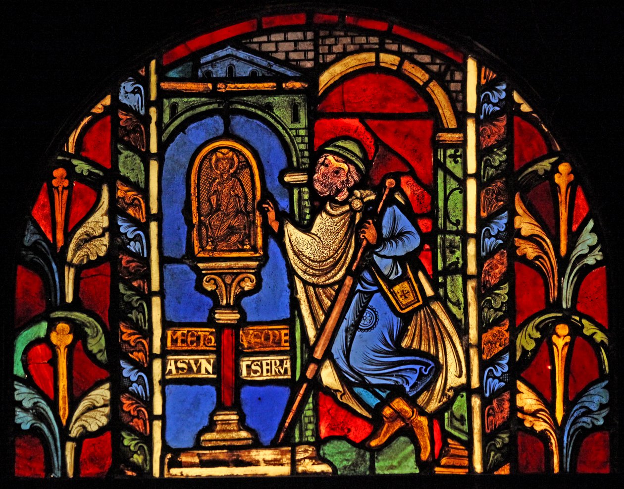 Visar en scen från St Nicholas Life, ex Troyes Cathedral: en låntagare har förlorat sina pengar och går till statyn av St Nicholas, som övervakar sådana frågor av French School