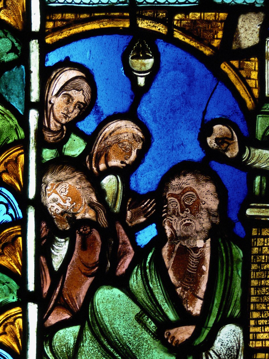Skildrar en scen från St Nicholas Life, ex Troyes Cathedral: helgonet lämnar pengar till en man och hindrar på så sätt hans döttrar från att gå in i prostitution av French School