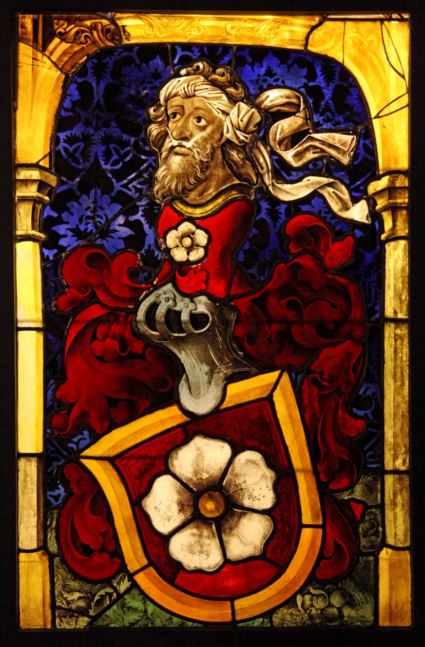Föreställer familjen Mullenheims vapen, ca 1467. ex verkstad av Peter Hemel; Alsace av French School