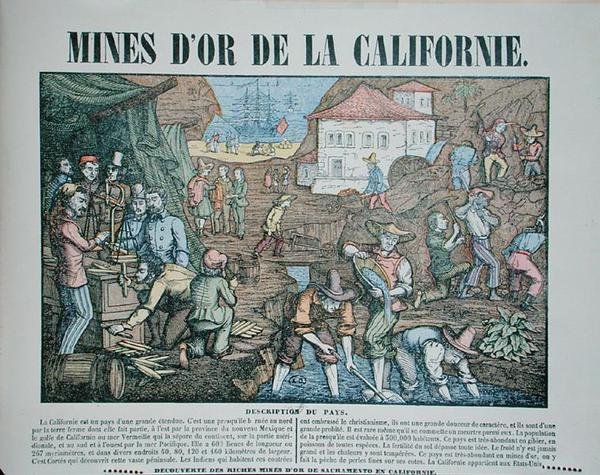 Skildring av Kaliforniens guldgruvor, mitten av 1800-talet (färgad gravyr) av French School