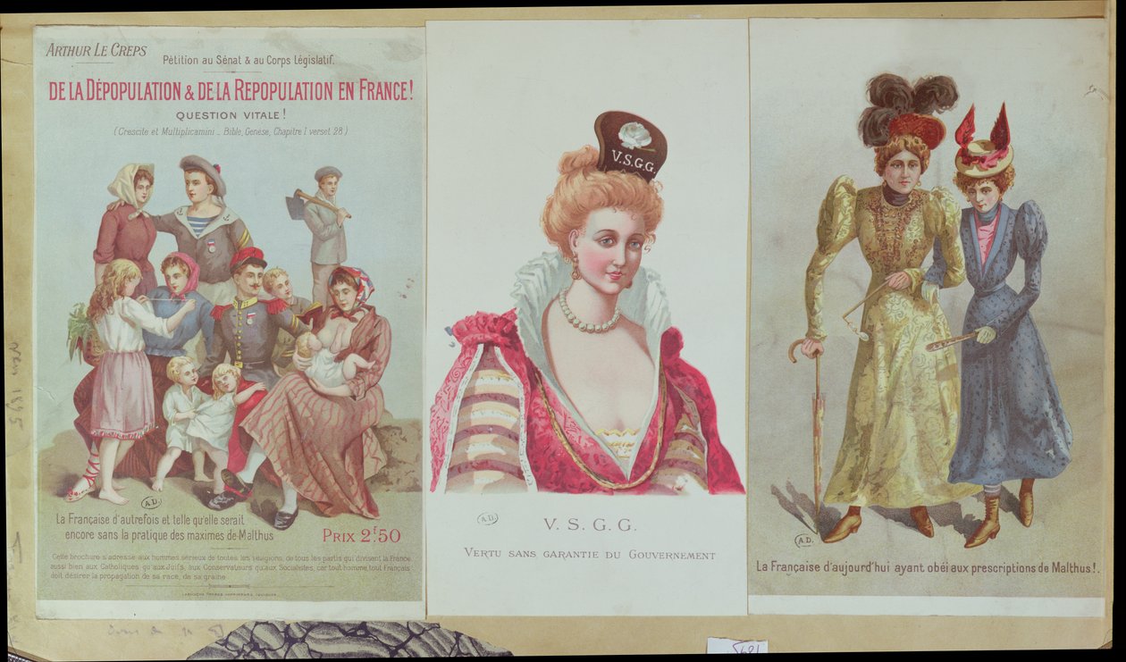 Avfolkning och återbefolkning i Frankrike, häfte av Arthur Le Creps mot malthusianism, 1895 (färgstick) av French School