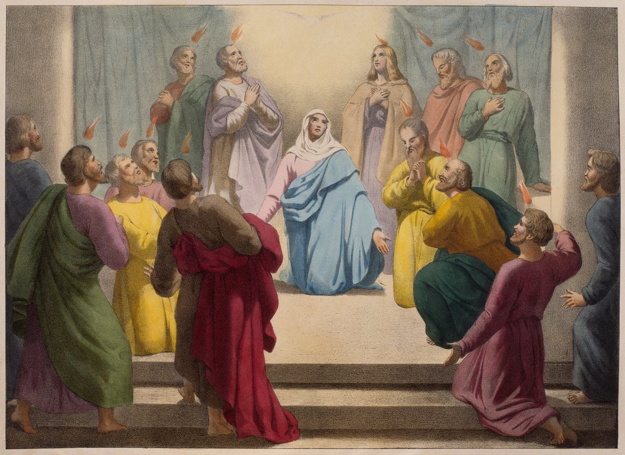 Descent of the Holy Spirit, illustration från en katekes LHistoire Sainte, publicerad av Charles Delagrave, Paris, sent 1800-tal av French School