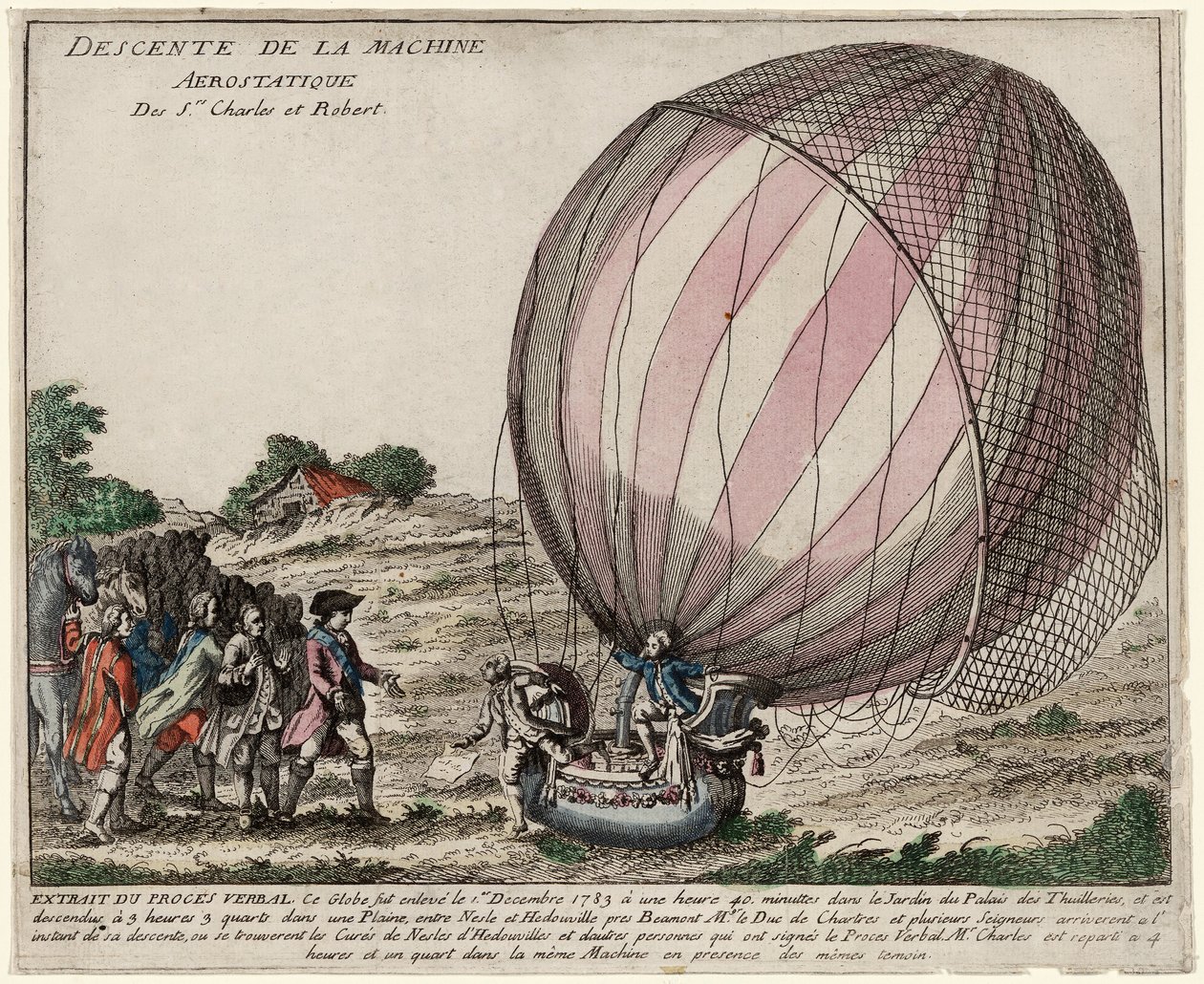Nedstigning av Aerostatic Machine of Srs. Charles och Robert, pub. 1783 (handfärgad gravyr) av French School