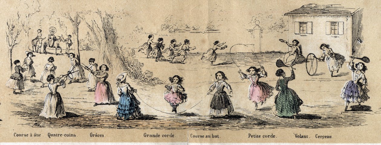 Beskrivning av barns hobbies och spel: tjejspel, fyrhörningsspel, hopprep, löpning efter mål, båge och ratt. Tallrik "" les jeux de l