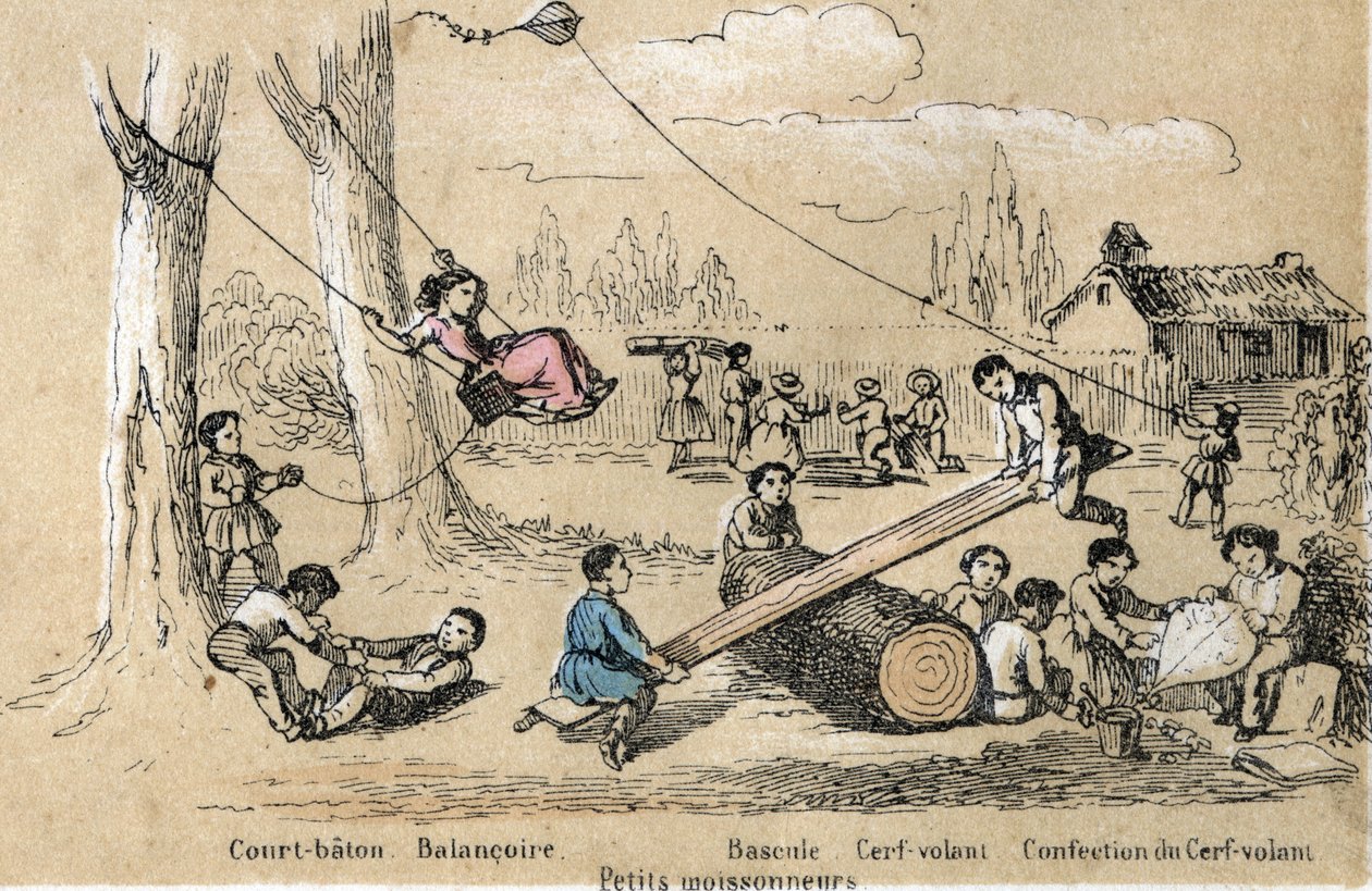 Beskrivning av barns fritidsaktiviteter och lekar: utomhusspel, kort käpp, gunga, gunga (rumpa knacka) och göra en drake (flygande drake). Tallrik "" les jeux de l