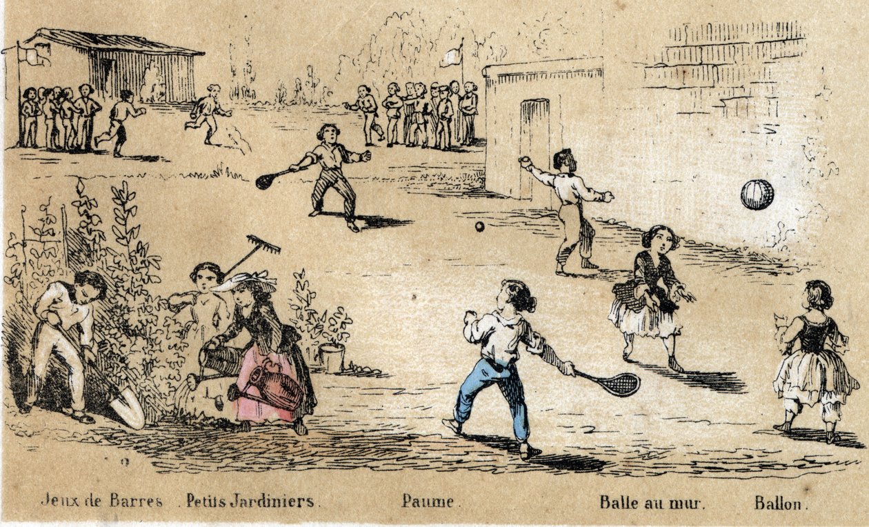 Beskrivning av barns fritid och spel: boll- och bollspel (boll mot väggen, palmspel) och trädgårdsarbete. Tavla "" les jeux de l