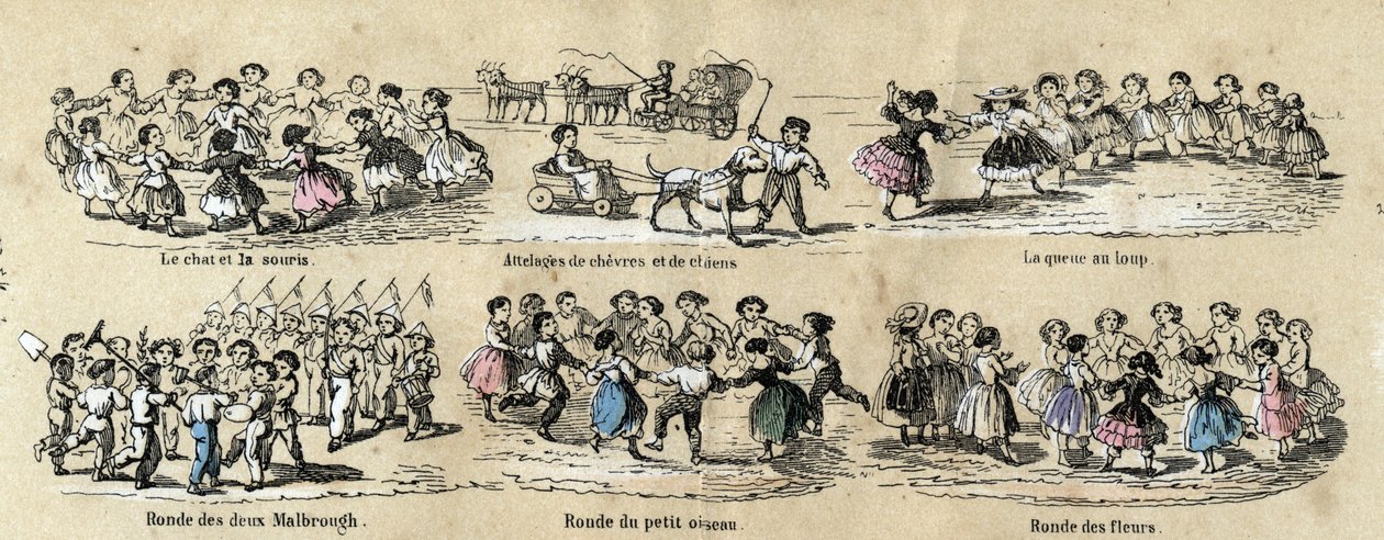 Beskrivning av barns fritid och spel: rundorna. Tallrik "" barndomsspel"" i "" instruktiva rekreationer"" Synoptisk målning av Jules DELBRUCK, gravyr från 1860. Privat samling. av French School