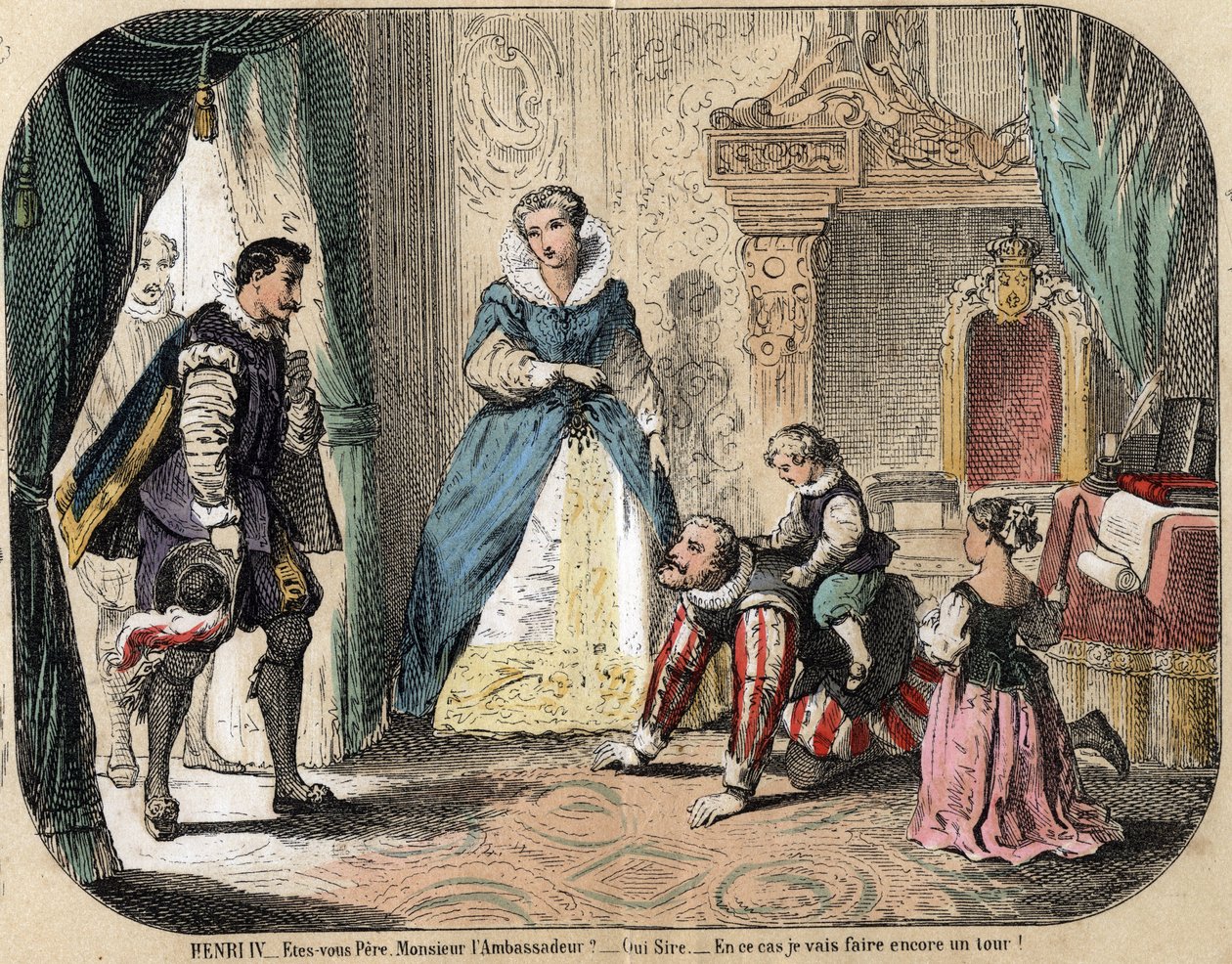 Beskrivning av barns fritid och lek: Kungen av Frankrike Henrik IV (1553-1610) leker med sina barn (troligen Ludvig XIII och Elisabeth av Frankrike) framför den spanska ambassadören. Drottning Mary av Medicis är närvarande. Tallrik "" les jeux de l
