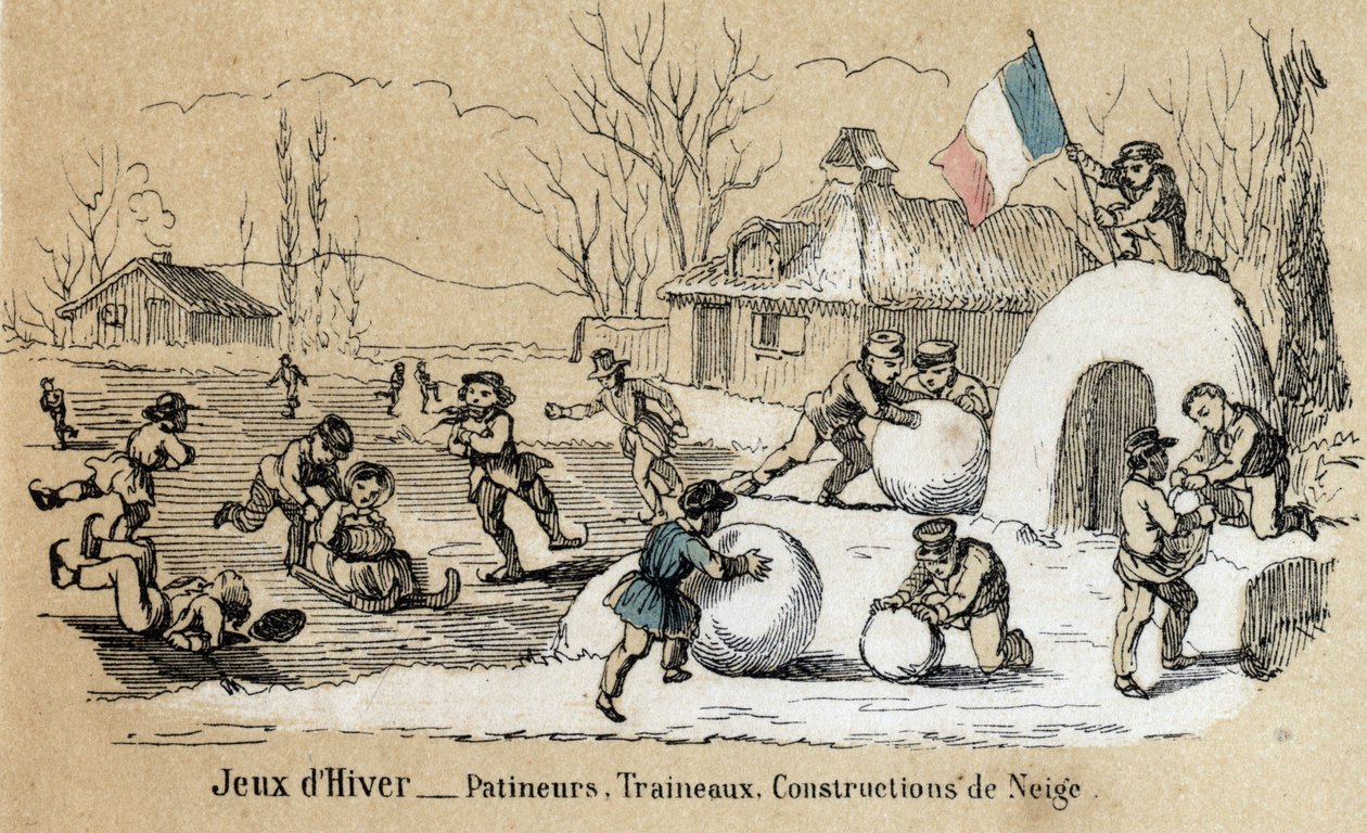 Beskrivning av barns fritid och lek: vinterlek, skridskoåkning, pulka och snöbygge. Tavla "" les jeux de l
