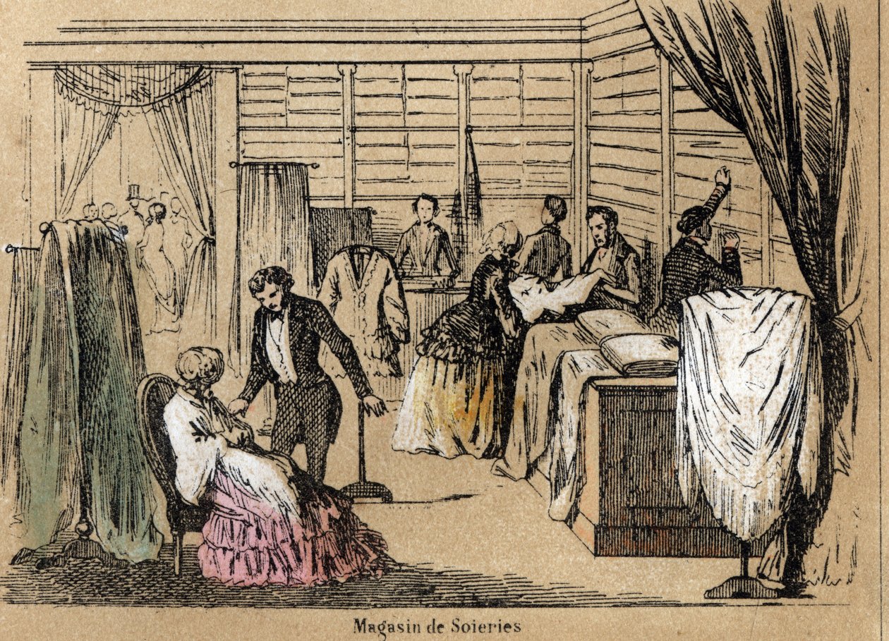 Beskrivning av kultur och sidenprodukter: en sidenbutik. Tallrik "" la soie"" i "" les Recreations instructives"" Synoptisk målning av Jules DELBRUCK, gravyr från 1860. Privat samling. av French School