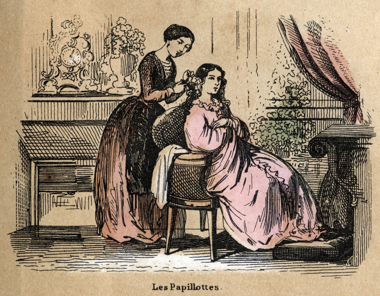 Beskrivning av de olika produkterna och användningen av papper: folier, pappersbitar som används för att separera hår med hårtorkar. Tavla "" Le papier et ses produits"" i "" les Recreations instructives"" Synoptikmålning av Jules Delbruck, gravyr från 186 av French School