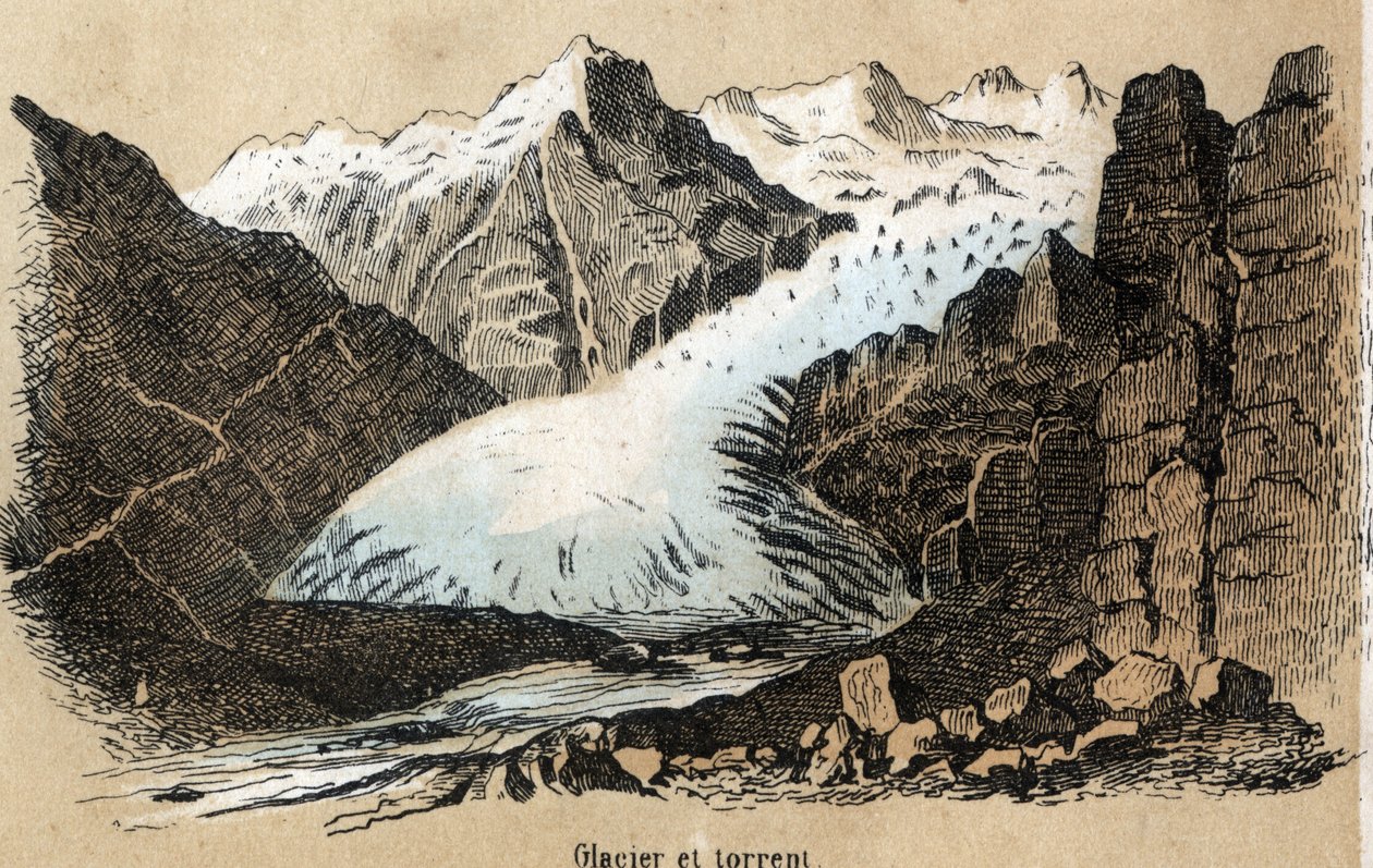 Beskrivning av de olika typerna av landskap och reliefer beroende på geografi: detalj som visar en glaciär (eller ishav) i en bergskedja. Tavla "" Physical Geography"" i "" les Recreations instructives"" Synoptisk målning av Jules DELBRUCK, av French School