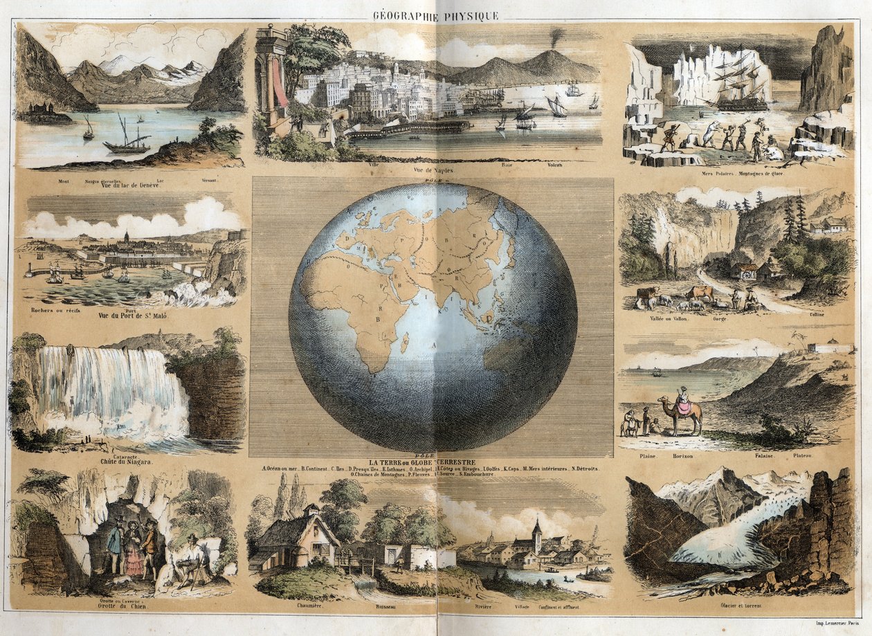 Beskrivning av de olika typerna av landskap och reliefer beroende på geografi: i mitten jorden eller jordklotet med indikationer på hav och oceaner, kontinenter, öar, bergskedjor, golv, mössor, detroits och istmer. Utsikt över Genèvesjön, av French School