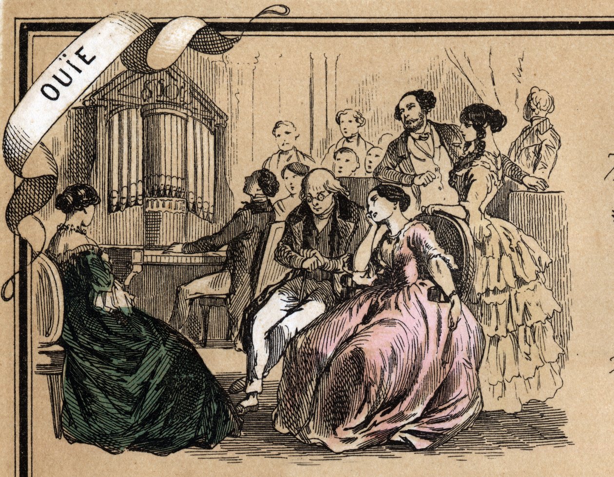 Beskrivning av de fem sinnena: detalj av hörseln, en musikkonsert under en social kväll. Tavla "" Les cinq sens"" i "" les Recreations instructives"" Synoptisk målning av Jules Delbruck, gravyr från 1860. Privat samling. av French School