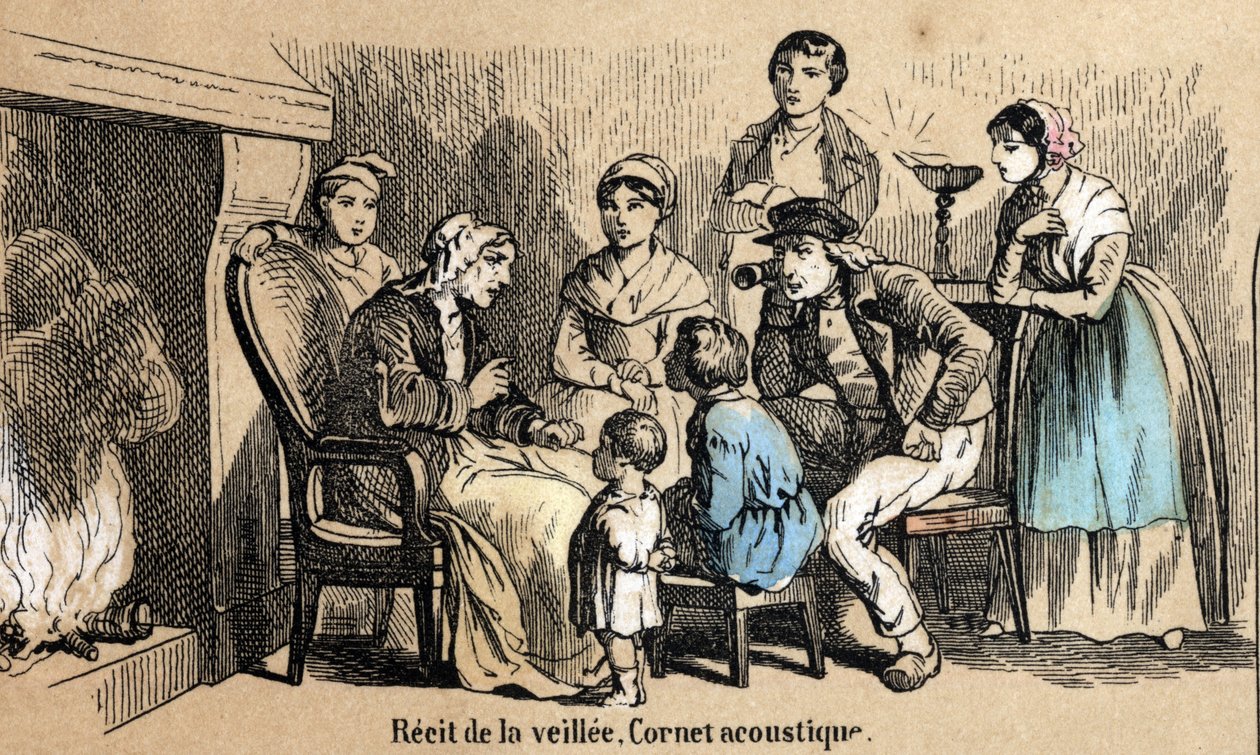 Beskrivning av de fem sinnena: detaljer om hörseln, reciteringar under natten i stugorna, en gammal man använder en akustisk kon. Tavla "" Les cinq sens"" i "" les Recreations instructives"" Synoptisk målning av Jules Delbruck, gravyr från 1860. av French School