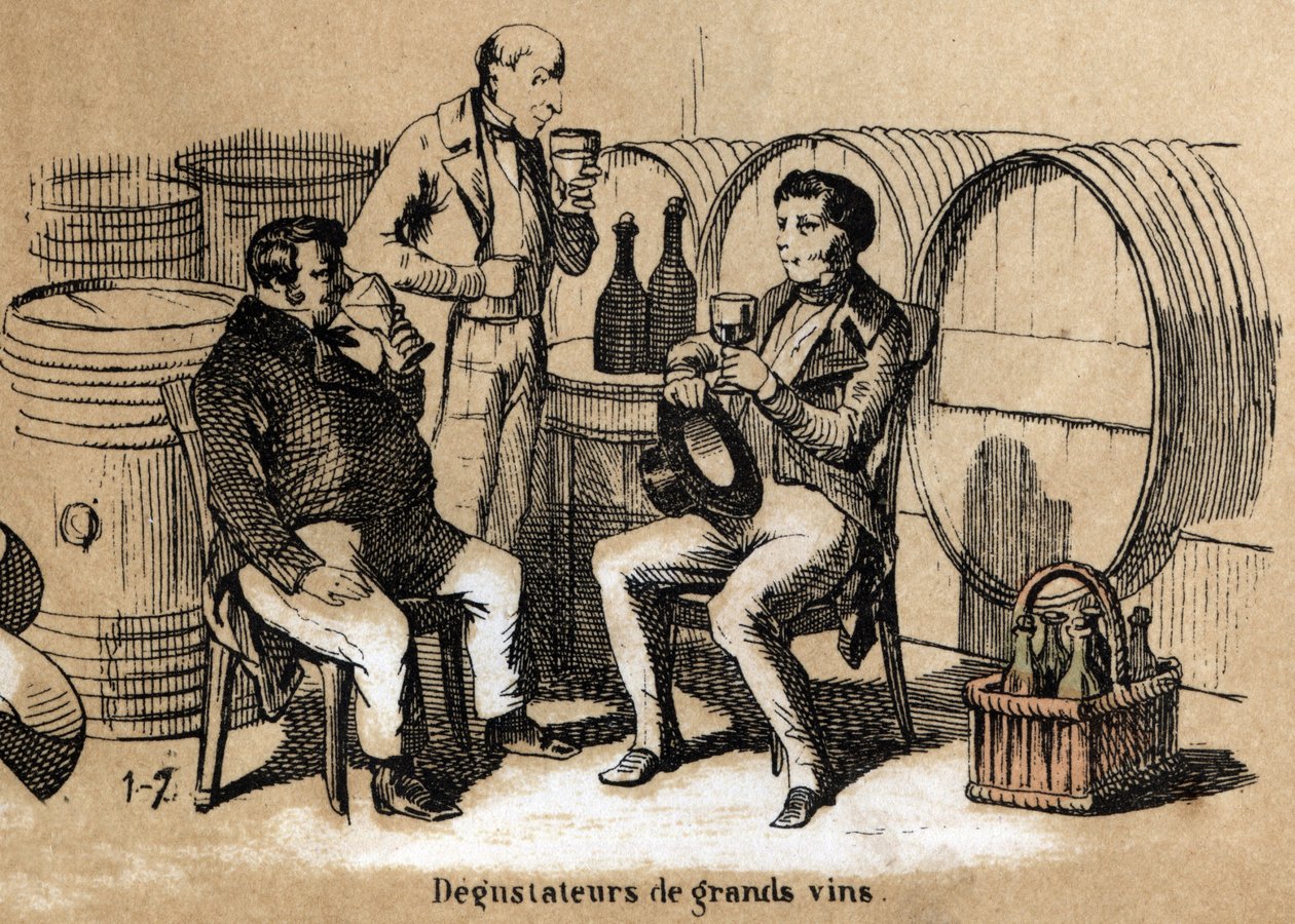 Beskrivning av de fem sinnena: detaljer i smaken, smakerna av fina viner vid utvecklandet av gommen njuter av glas i en källare. Tallrik "" Les cinq sens"" i "" les Recreations instructives"" Synoptikmålning av Jules Delbruck, gravyr från 1860. Pri av French School