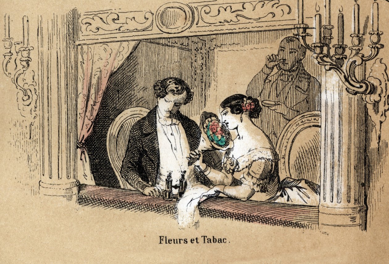 Beskrivning av de fem sinnena: lukt, åskådare i en operaloge, badade i doften av blommor och tobak. Tavla "" Les cinq sens"" i "" les Recreations instructives"" Synoptisk målning av Jules Delbruck, gravyr från 1860. Privat samling av French School