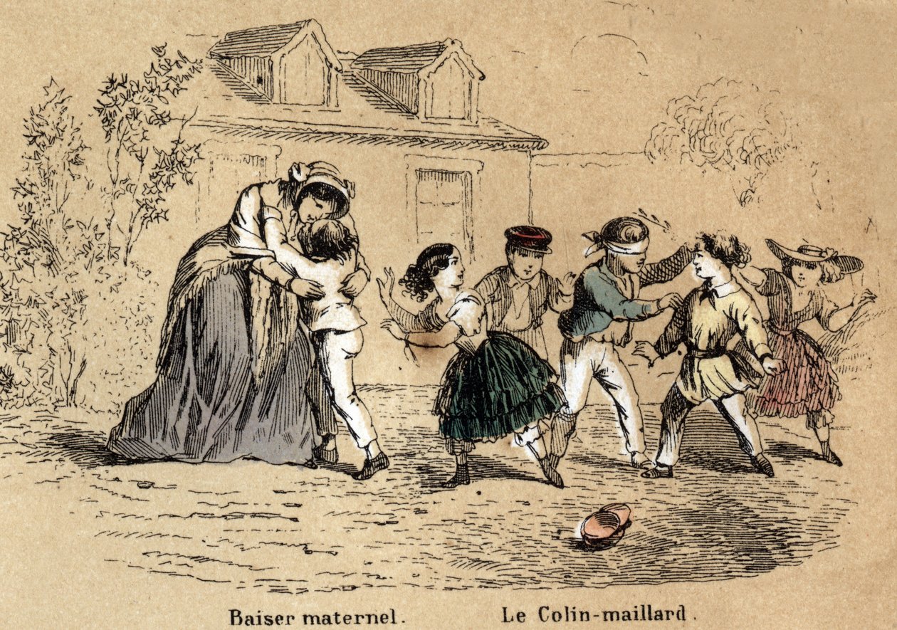 Beskrivning av de fem sinnena: beröringen, en mamma som kramar sitt barn för moderkontakt och leken med collin-aillard. Tavla "" Les cinq sens"" i "" les Recreations instructives"" Synoptikmålning av Jules Delbruck, gravyr från 1860. Privat av French School