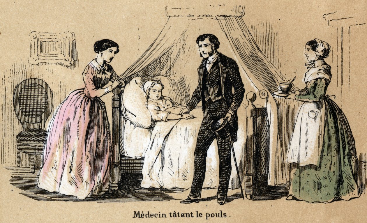 Beskrivning av de fem sinnena: beröring, en läkare som tar pulsen på en sjuk flicka. Tavla "" Les cinq sens"" i "" les Recreations instructives"" Synoptisk målning av Jules Delbruck, gravyr från 1860. Privat samling. av French School