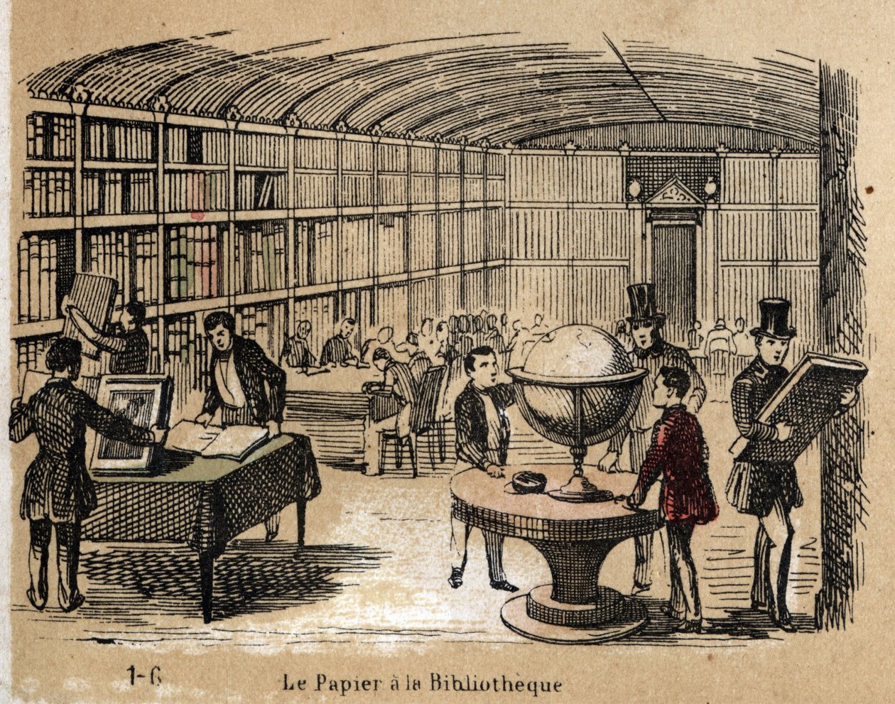 Beskrivning av de olika produkterna och användningarna av papper: vy av ett bibliotek som innehåller pappersverk. Tavla "" Le papier et ses produits"" i "" les Recreations instructives"" Synoptisk målning av Jules Delbruck, gravyr från 1860. Privat samling av French School