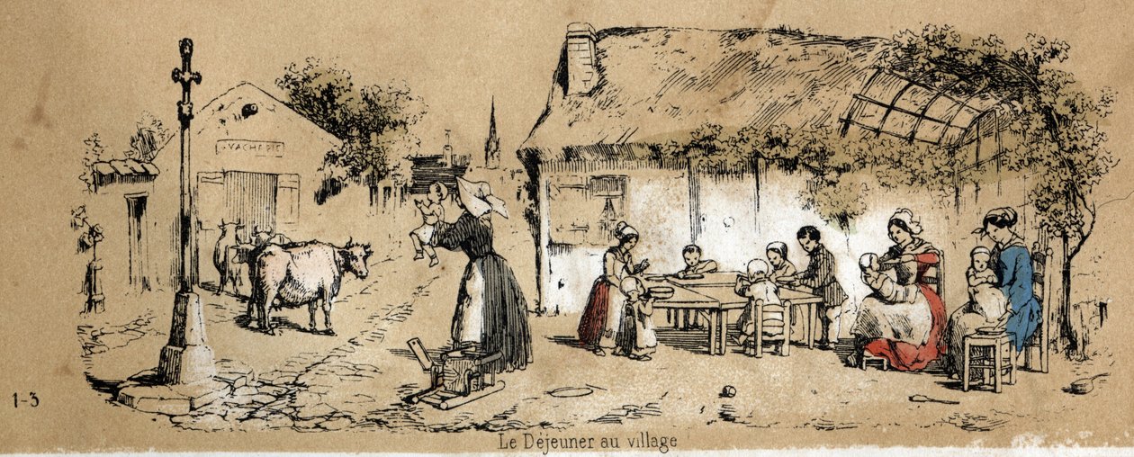Beskrivning av kons olika produkter och användningsområden: scen för det dagliga livet i en by. Tavla "" La coache et ses produits"" i "" les Recreations instructives"" Synoptisk målning av Jules DELBRUCK, gravyr från 1860. Privat samling. av French School