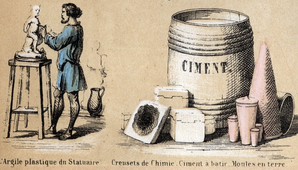 Beskrivning av de olika tillverkningsstadierna och användningen av lera: en skulptör som formar lera och använder lera för cement- och jordformar. Tallrik "" Leran och dess produkter"" i "" Les Recreations instructives"" Synoptisk målning av Jules DELBRUCK av French School