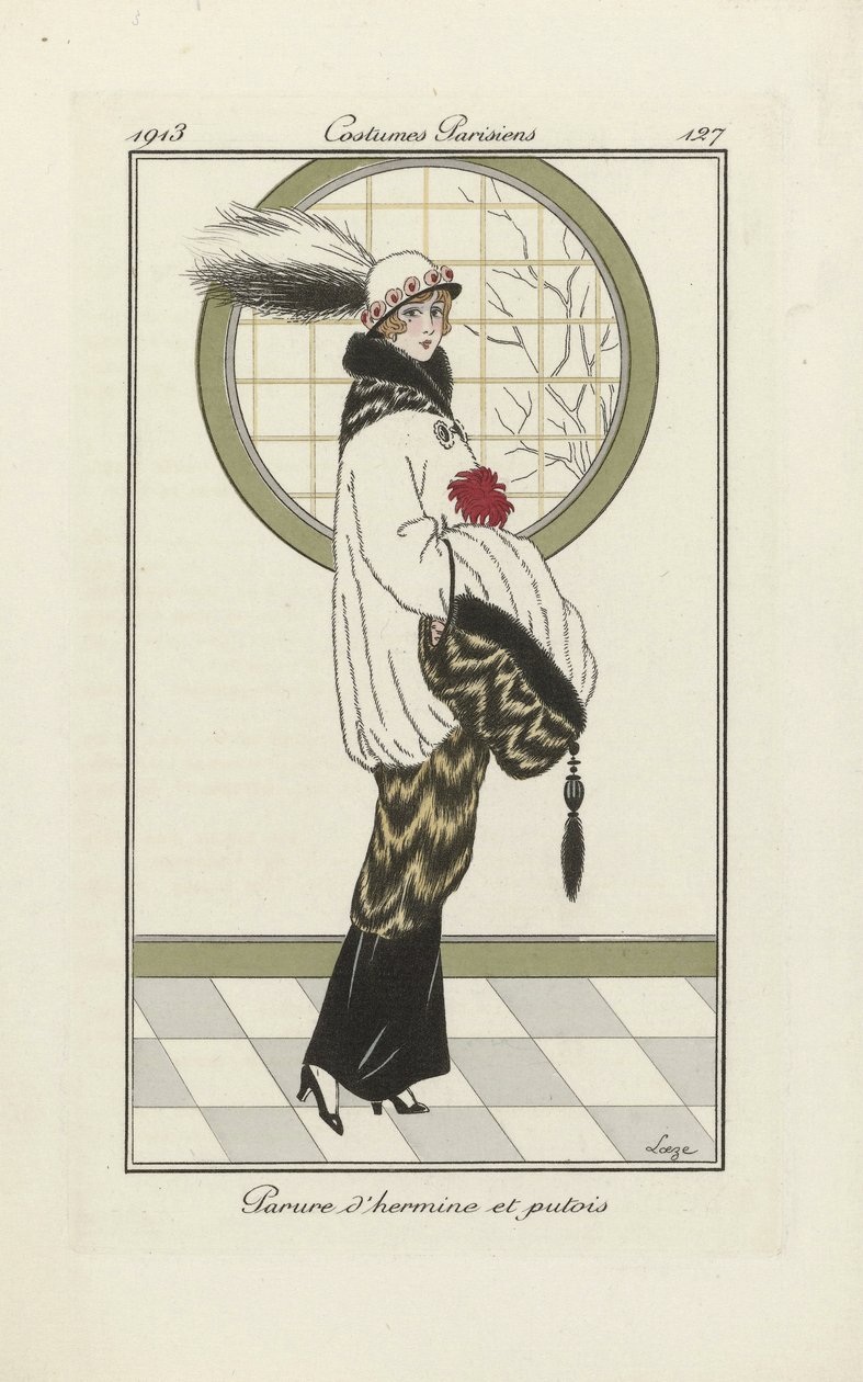 Design för Hermelin- och Iltisensemble, från Costumes Parisien, utg. 1913 (pochoirtryck) av French School