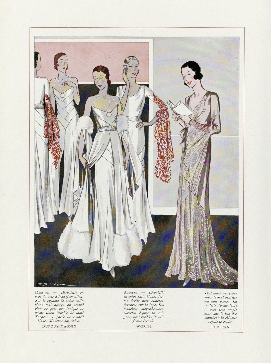 Design för aftonklänningar av Depouy-Magnin, Worth och Redfern, från Art, Gout, Beaute, pub. 1931 (färglitografi) av French School