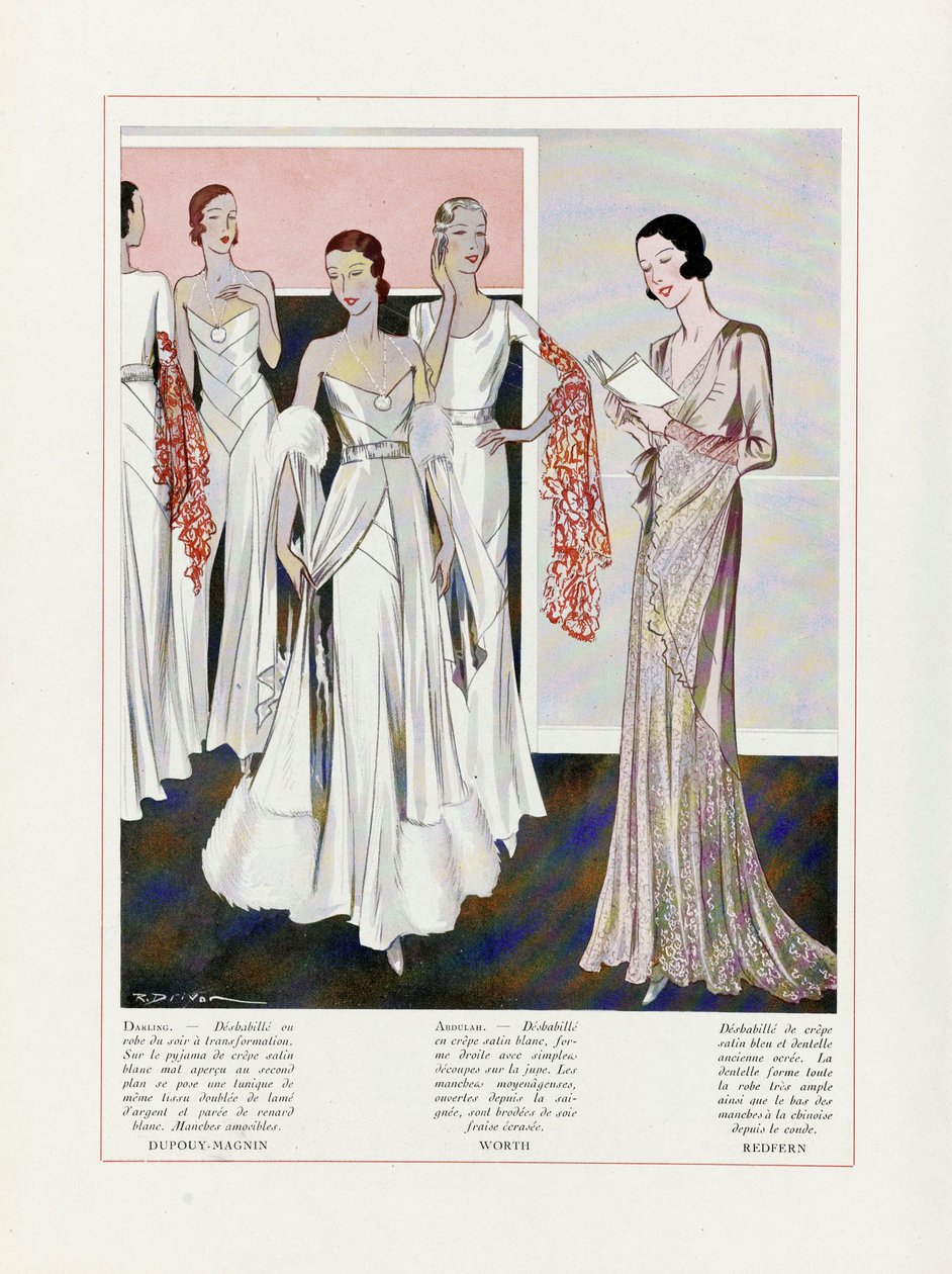 Design för aftonklänningar av Depouy-Magnin, Worth och Redfern, pub. 1931 färglitografi. av French School