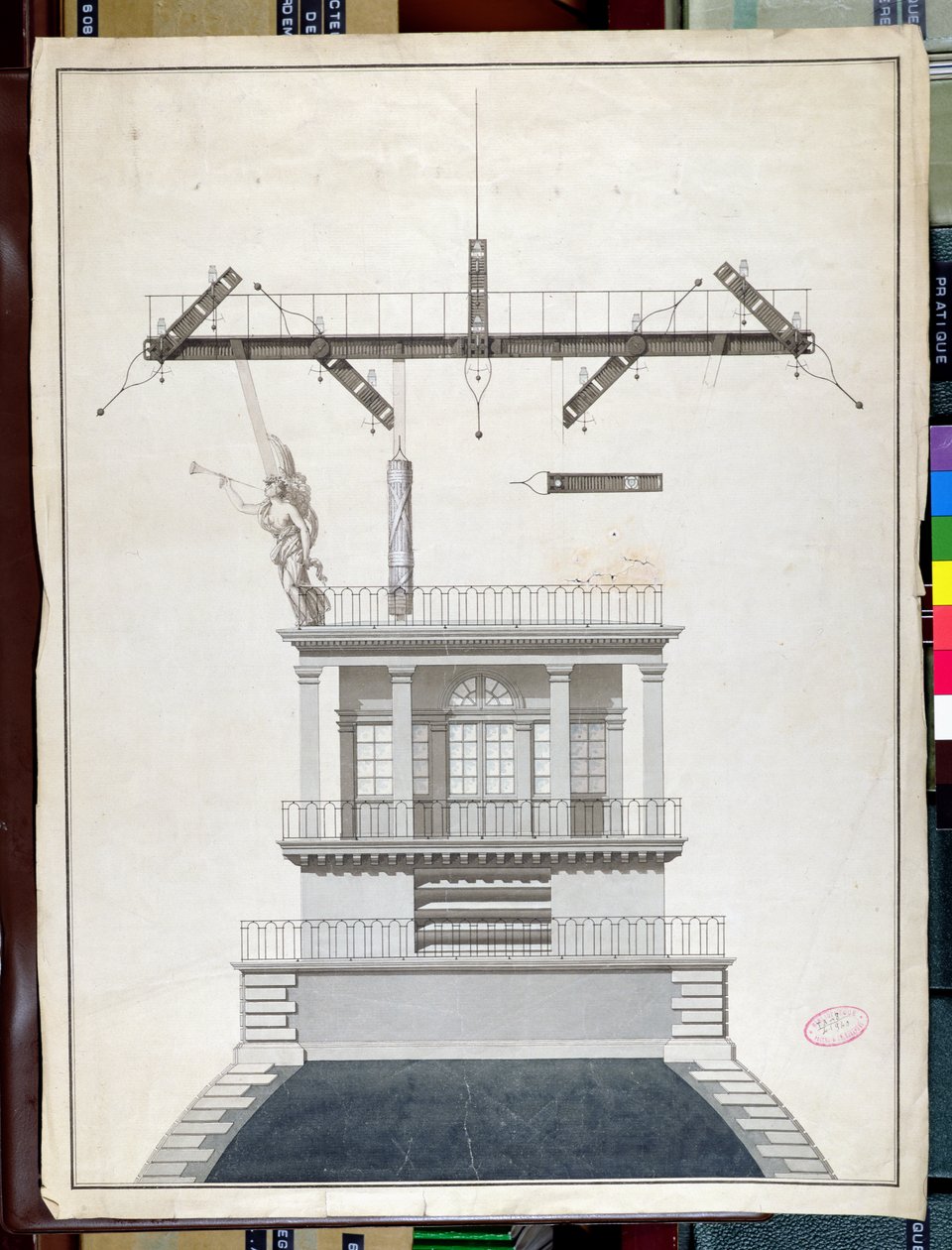 Design för en Chappe-telegrafstation för en av Louvrens kupoler, Paris, tidigt 1800-tal (penna & bläck och wc på papper) av French School
