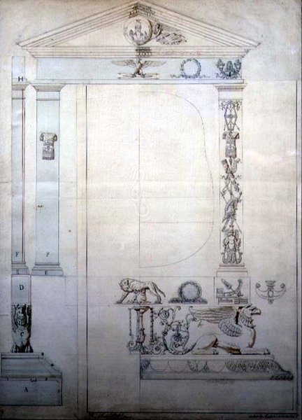 Design för en Cheval-spegel, c.1815 (penna & bläck och akvarell på papper) av French School