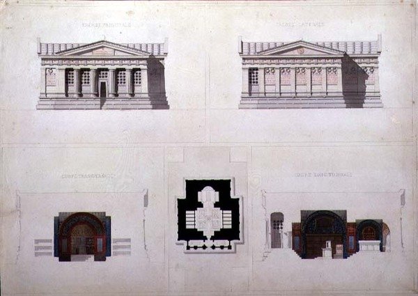 Ritning till ett mausoleum i grekisk nybyggarstil, ca 1835 (penna och bläck med akvarell på papper) av French School