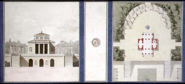 Design för ett monument, c.1825 (penna & bläck och akvarell på papper) av French School