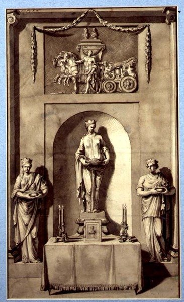 Design för en skulpturalkov med Apollo och hans vagn, ca 1760 (akvarell på papper) av French School