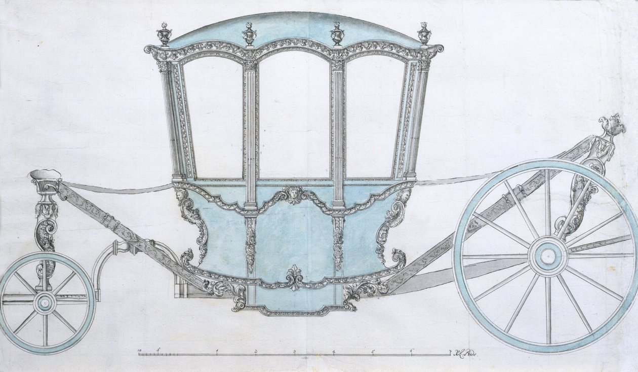 Design för en buss, ca 1760 (penna och bläck med blå tvätt) av French School