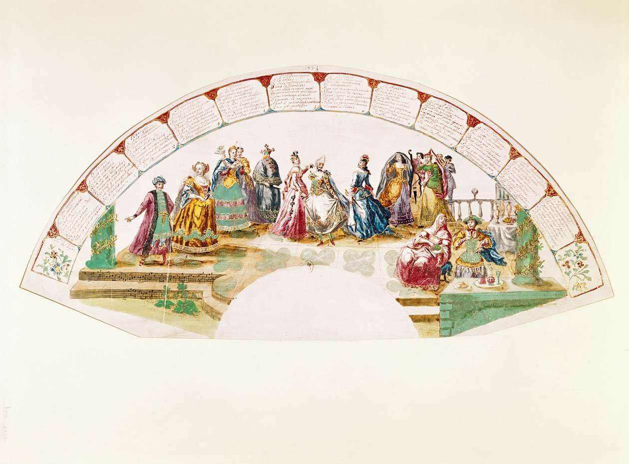 Design för ett fan som firar Dance and Carnival of Nations, 1733 av French School