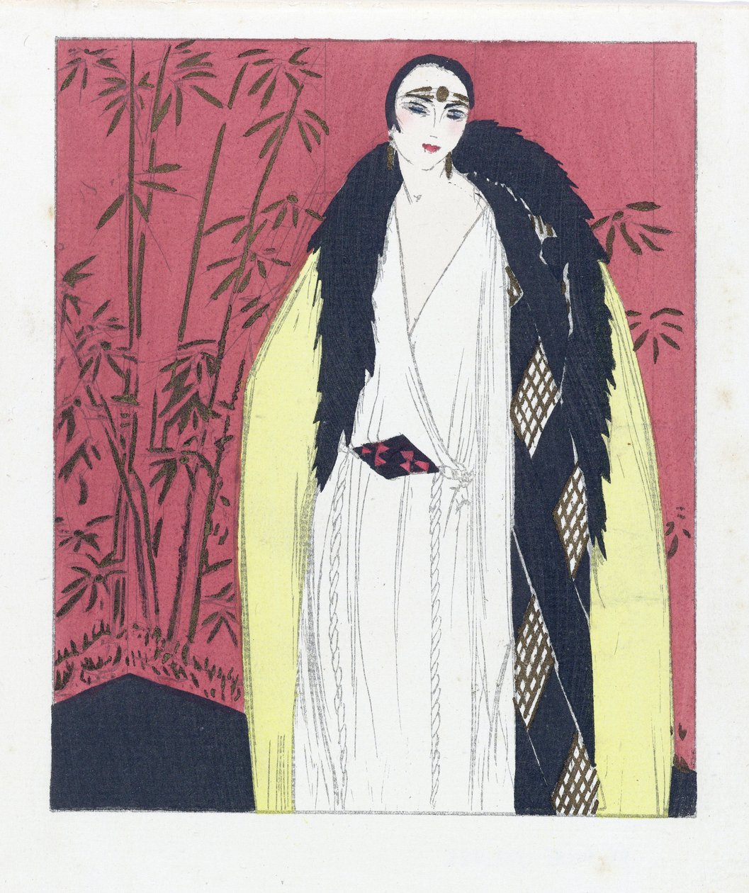 Design för en aftonklänning med pälsklädd cape, pub. 1924 (pochoir-tryck) av French School