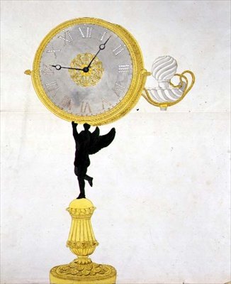 Design för en Ormolu-klocka, ca 1825 (penna & bläck och akvarell på papper) av French School