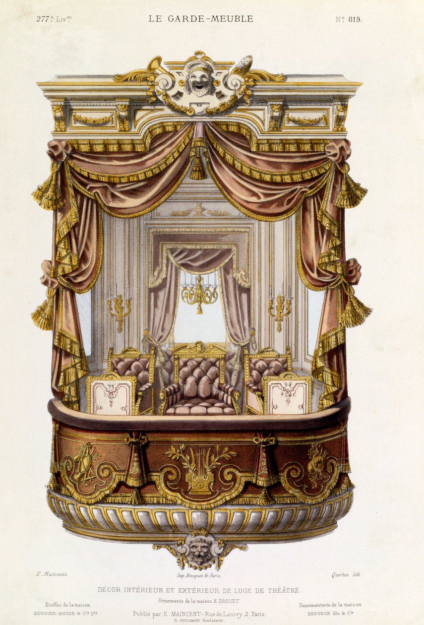Design för interiör och exteriör av en teaterlåda, illustration från Le Garde-Meuble magazine, ca 1860 av French School