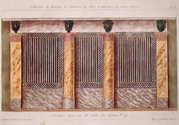 Design för fasaden på en slaktare, från en serie som visar de bäst dekorerade kommersiella byggnaderna i Paris, ca 1810 (färg litho) av French School